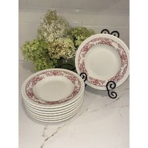 8 Vtg Walker China 9" Rimmed Soup Bowls Bedford Ohio Pink on Cream White 1941